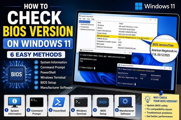 How to Check BIOS Version on Windows 11 (6 Easy Methods) Checking the BIOS version on a Windows 11 computer using System Information and PowerShell