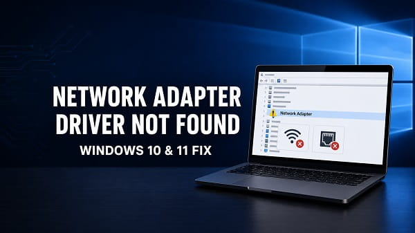 Windows Could Not Find a Driver for Your Network Adapter Windows could not find a driver for your network adapter error displayed on a laptop