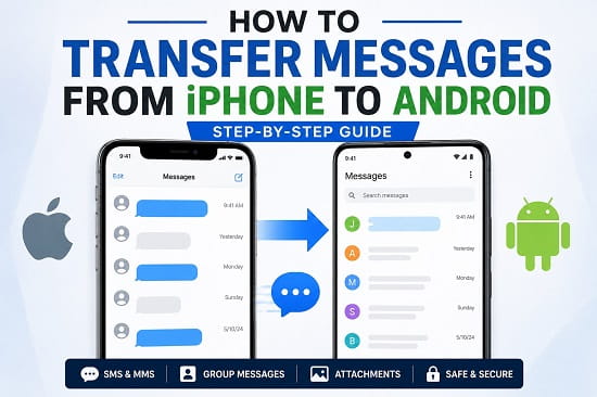 How to Transfer Messages from iPhone to Android (Step-by-Step) An iPhone transferring text messages to an Android phone using the official data transfer process during device setup.
