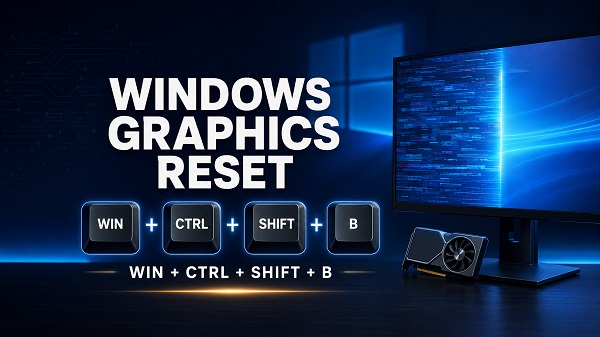 Windows Graphics Reset: Shortcut and Driver Fixes Windows graphics reset shortcut displayed beside a graphics card and frozen monitor