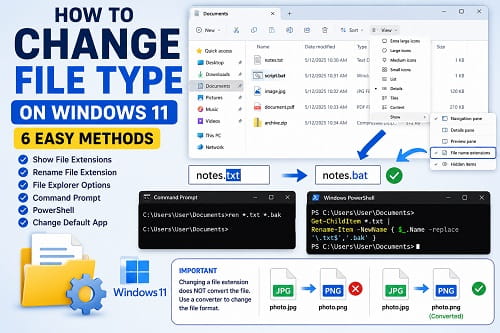How to Change File Type on Windows 11 (6 Easy Methods) Changing a file type and file extension in Windows 11 File Explorer