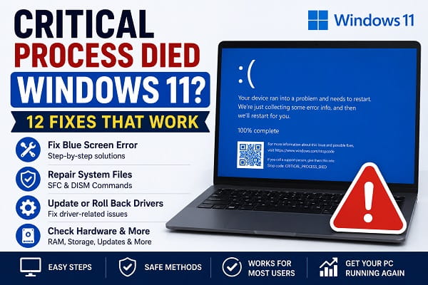 Critical Process Died in Windows 11? 12 Fixes That Work Critical Process Died error in Windows 11 with step-by-step troubleshooting fixes