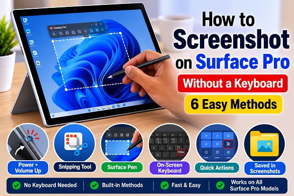 How to Screenshot on Surface Pro Without a Keyboard (6 Easy Methods) Taking a screenshot on a Surface Pro without a keyboard using Windows 11