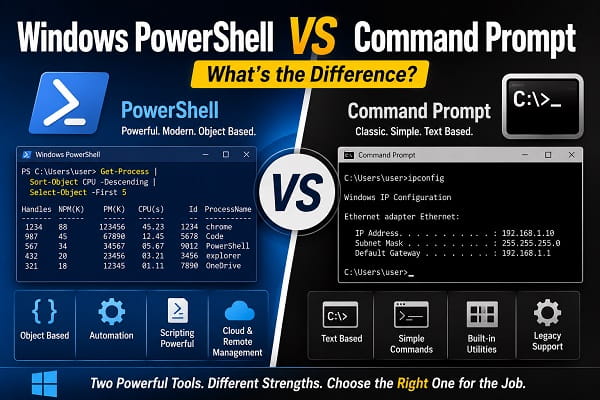 Windows PowerShell vs Command Prompt: What’s the Difference? Windows PowerShell and Command Prompt comparison on Windows 11
