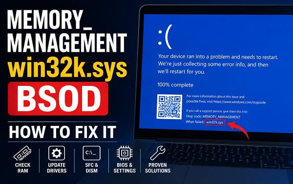 How to Fix MEMORY_MANAGEMENT BSOD (win32k.sys) MEMORY_MANAGEMENT win32k.sys BSOD