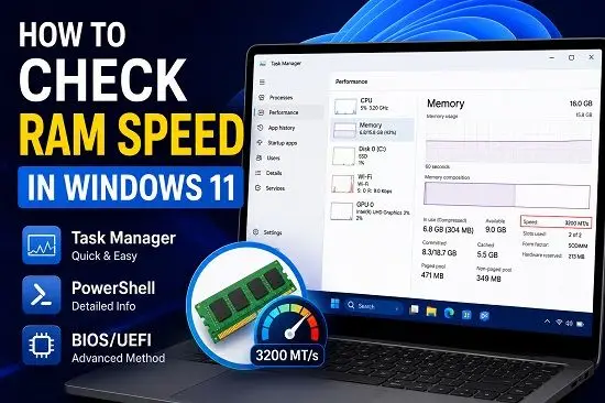 Windows 11 Task Manager showing RAM speed under Memory