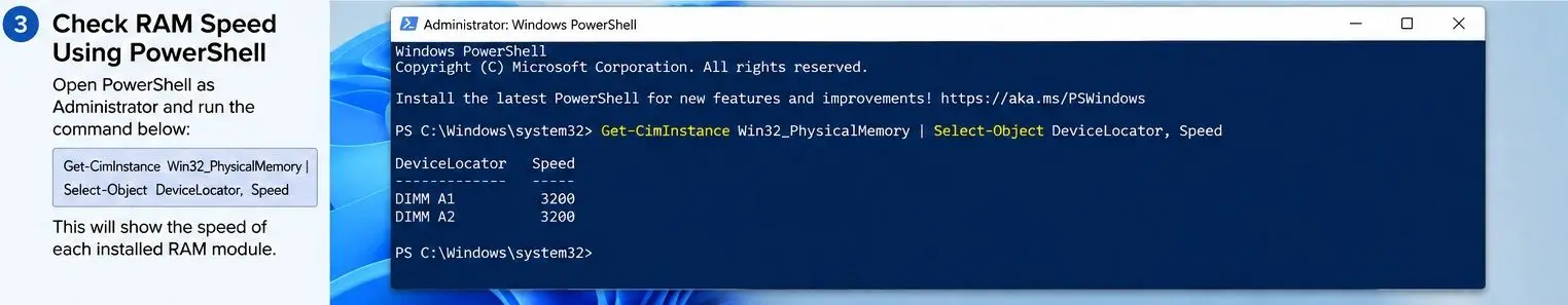 PowerShell command showing RAM speed in Windows 11