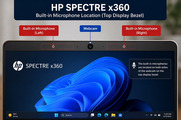 HP Spectre x360 showing the top display bezel with the built-in microphone area around the webcam clearly marked