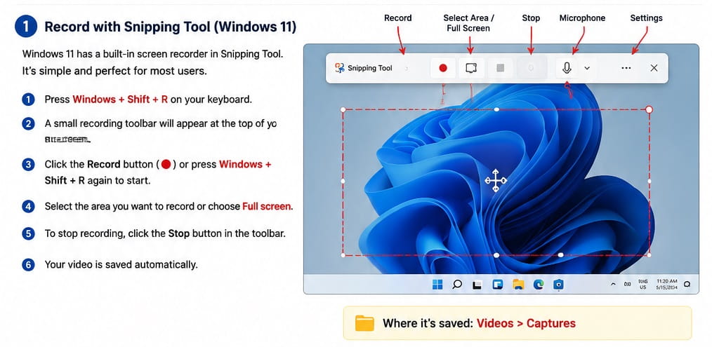 Snipping Tool screen recording on an HP laptop using Windows 11