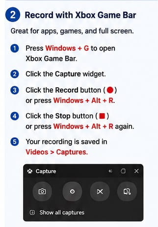 Xbox Game Bar screen recording on an HP laptop